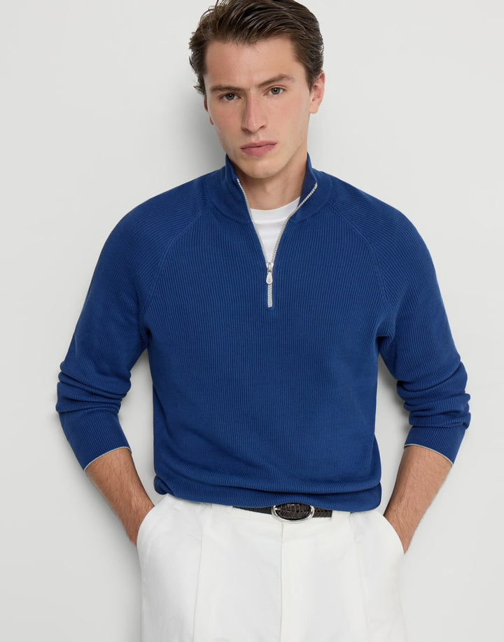 BRUNELLO CUCINELLI - Pull en coton en côtes anglaises, ouverture par zip et manches raglan Bleu océan - Lothaire