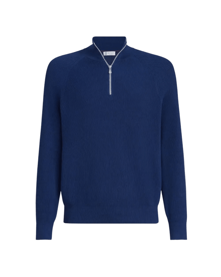 BRUNELLO CUCINELLI - Pull en coton en côtes anglaises, ouverture par zip et manches raglan Bleu océan - Lothaire
