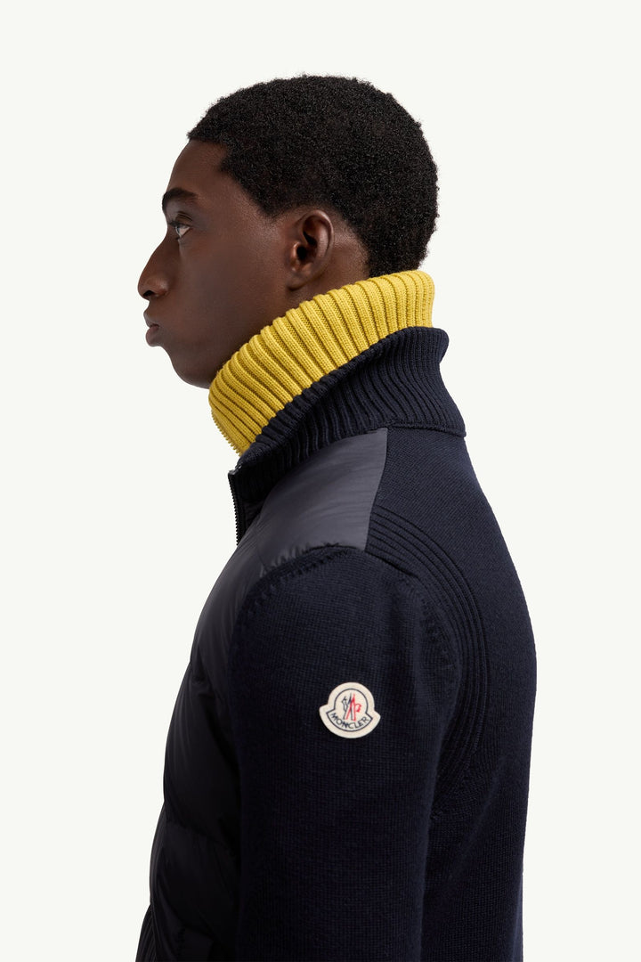 MONCLER – Cardigan zippé matelassé en laine Bleu marine