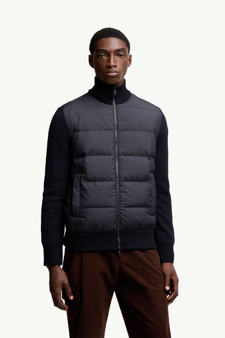 MONCLER – Cardigan zippé matelassé en laine Bleu marine