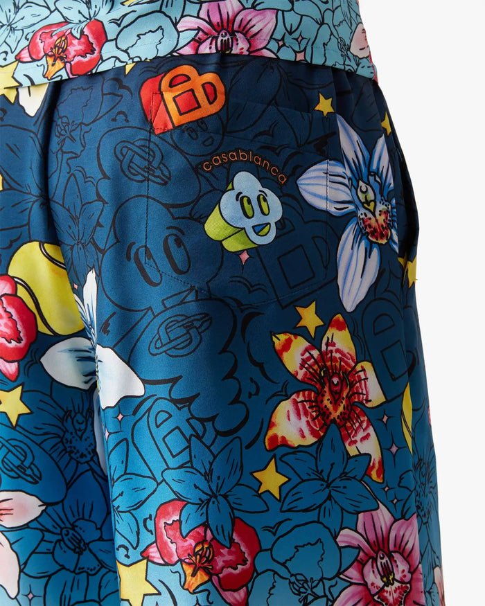 CASABLANCA - Collage D'Icones Graphiques Silk Shorts Bleu - Lothaire