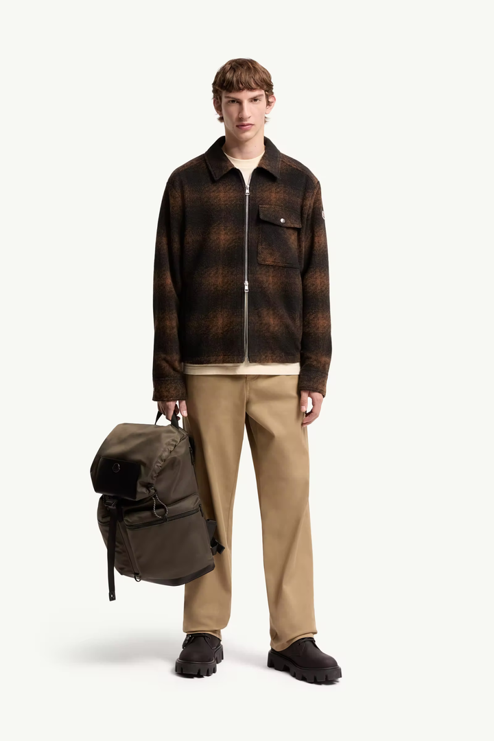 MONCLER - Surchemise zippée en jersey à carreaux Marron