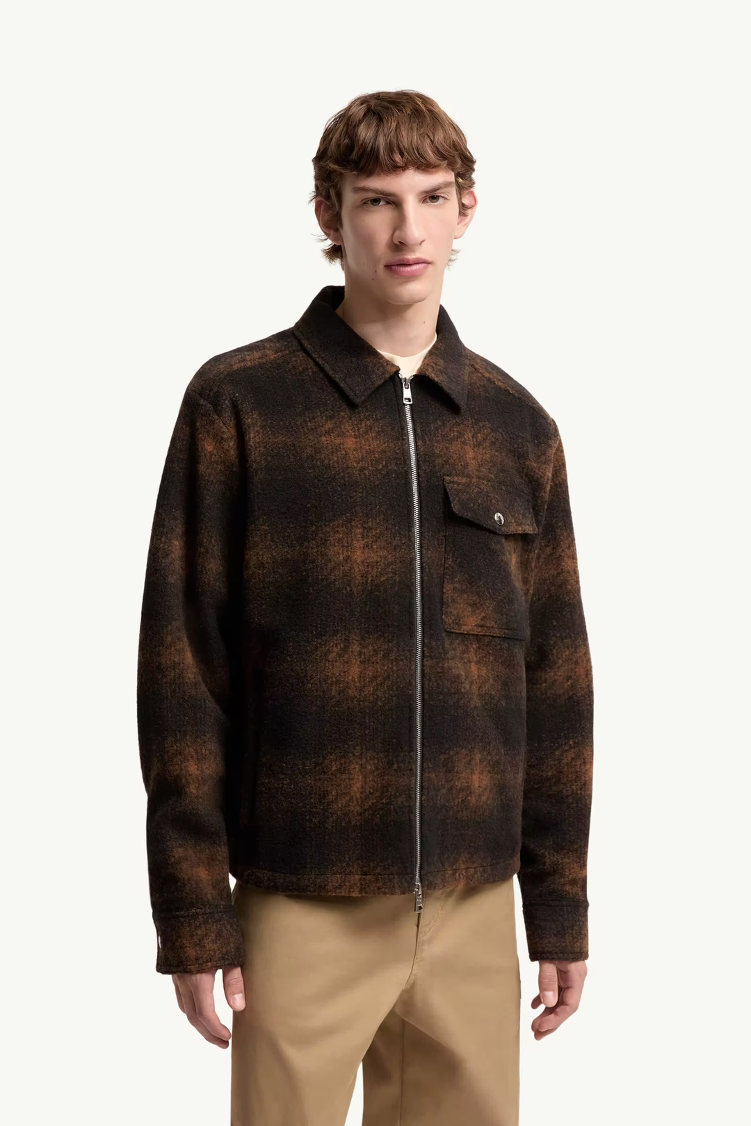 MONCLER - Surchemise zippée en jersey à carreaux Marron
