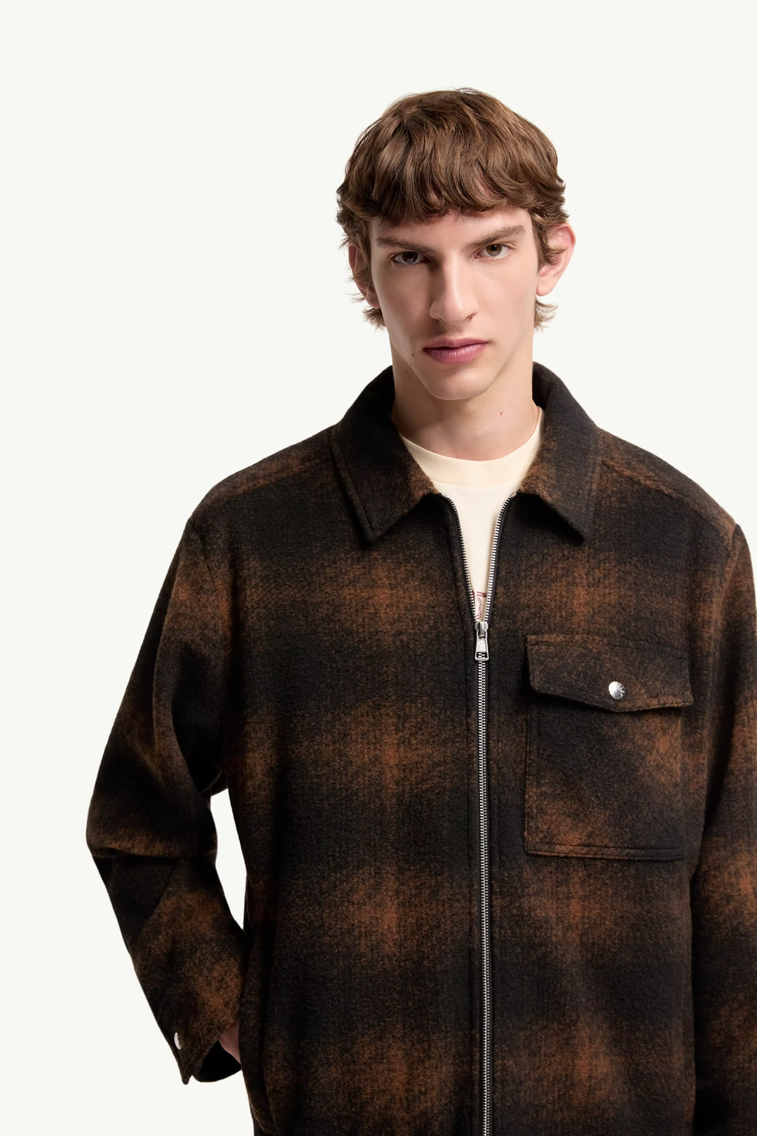 MONCLER - Surchemise zippée en jersey à carreaux Marron