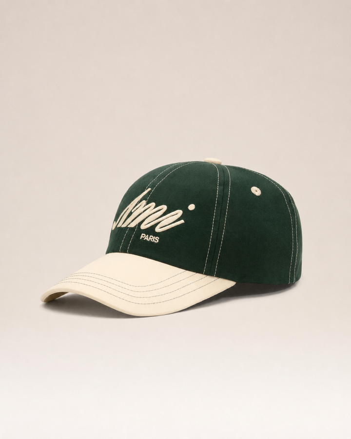 AMI PARIS - Casquette Signature en coton Vert bouteille / Ivoire
