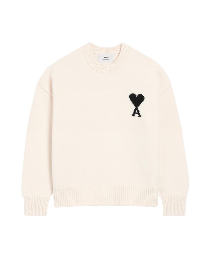 AMI - Pull blanc col rond ami de cœur en laine écru/noir