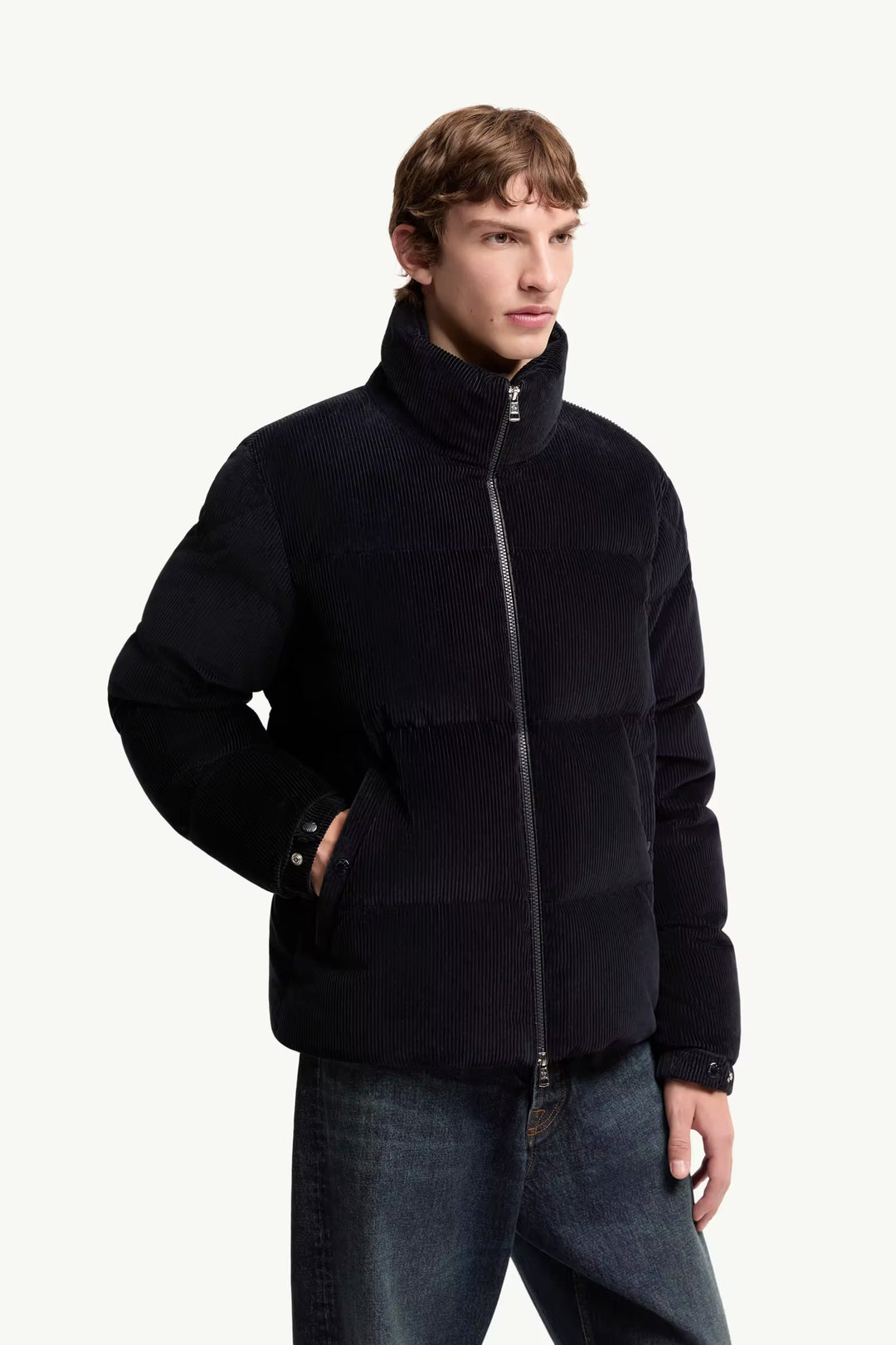 MONCLER - Doudoune courte Esparron en velours côtelé Bleu foncé