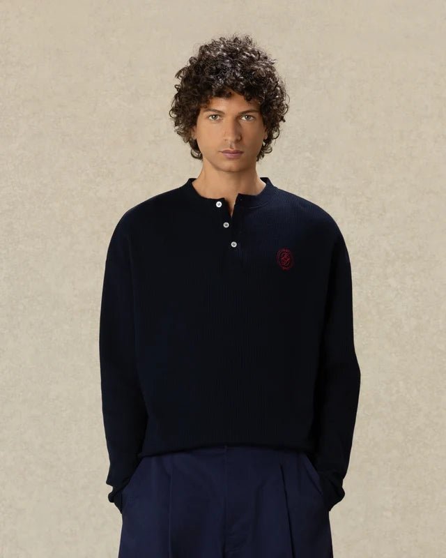 DRÔLE DE MONSIEUR - T-shirt Manches Longues Gaufré D Miroir Bleu marine - Lothaire