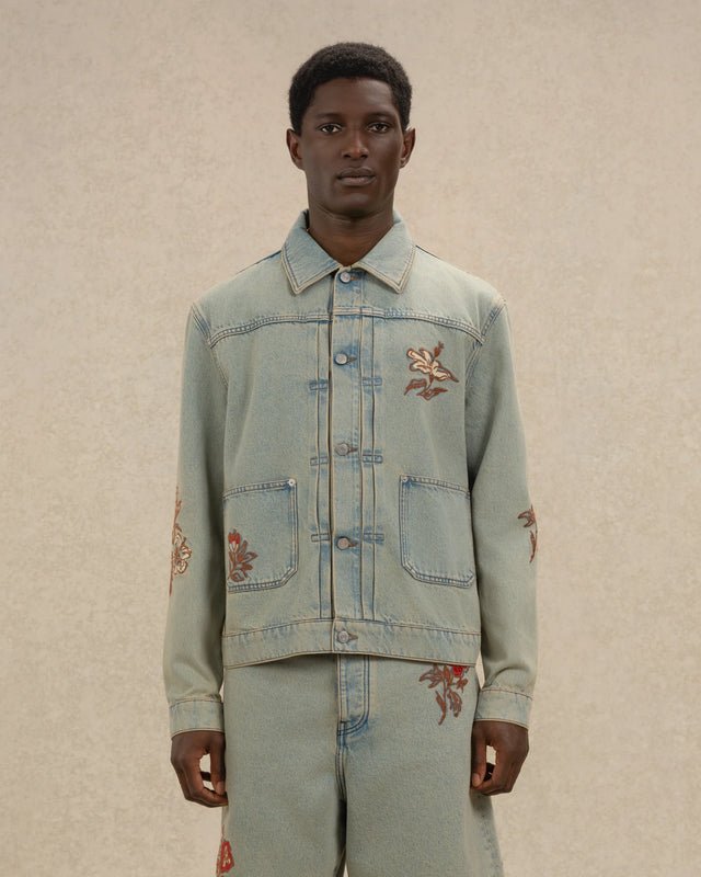 DRÔLE DE MONSIEUR - Veste Denim Dusty brodée fleurs Bleu jean - Lothaire