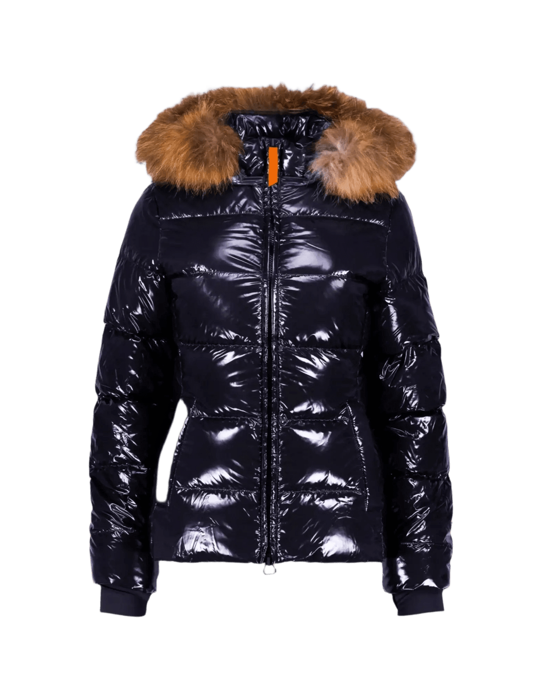 GERTRUDE - Doudoune glossy cintrée avec capuche en fourrure Olga Bright Noir - Lothaire