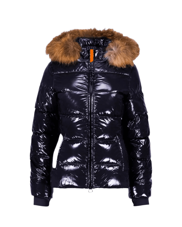 GERTRUDE - Doudoune glossy cintrée avec capuche en fourrure Olga Bright Noir - Lothaire
