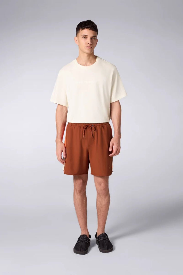 GERTRUDE - Short de bain à taille élastique et bandes contrastantes Samy Marron et Orange - Lothaire