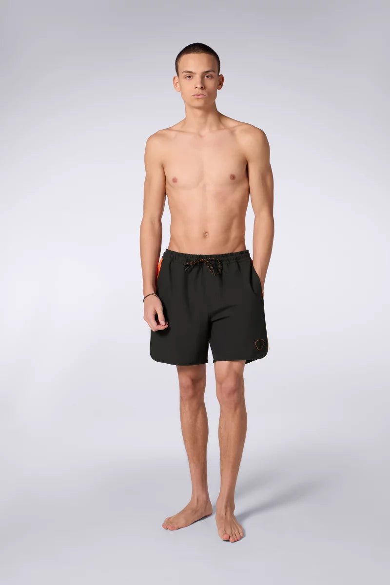 GERTRUDE - Short de bain à taille élastique et bandes contrastantes Samy Noir et Orange - Lothaire