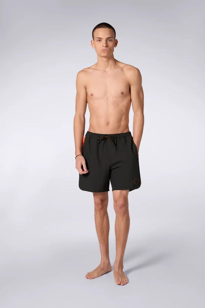 GERTRUDE - Short de bain à taille élastique et bandes contrastantes Samy Noir et Orange - Lothaire