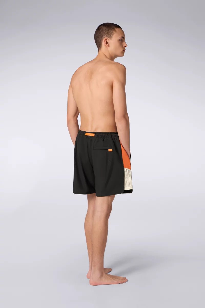 GERTRUDE - Short de bain à taille élastique et bandes contrastantes Samy Noir et Orange - Lothaire