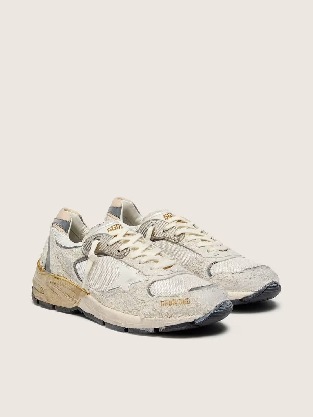 GOLDEN GOOSE FEMME -Dad-Star pour femme en cuir velours et résille avec étoile en cuir blanc et contrefort en cuir beige - Lothaire