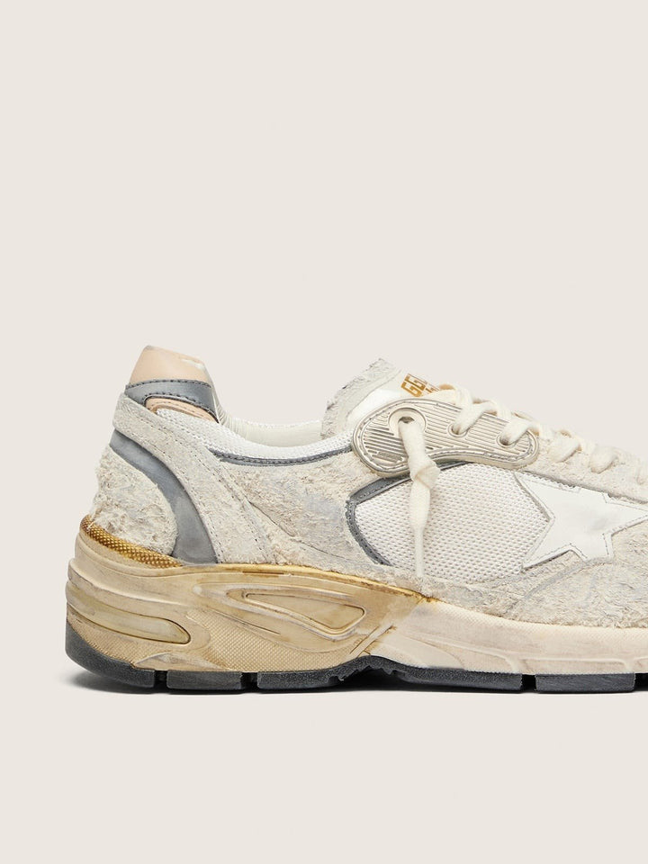 GOLDEN GOOSE FEMME -Dad-Star pour femme en cuir velours et résille avec étoile en cuir blanc et contrefort en cuir beige - Lothaire