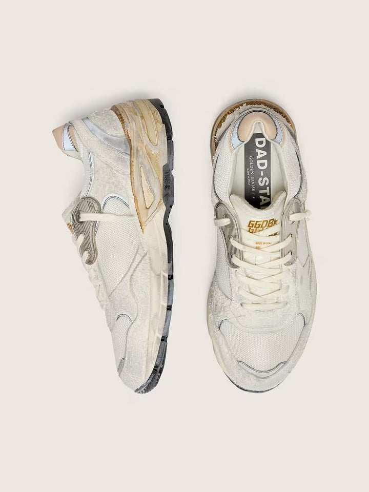 GOLDEN GOOSE FEMME -Dad-Star pour femme en cuir velours et résille avec étoile en cuir blanc et contrefort en cuir beige - Lothaire