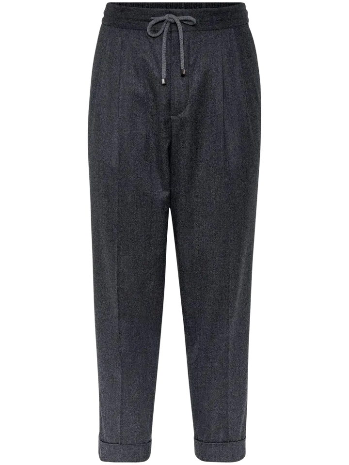 BRUNELLO CUCINELLI - Pantalon en Flanelle de Laine Vierge à Double Pinces Gris