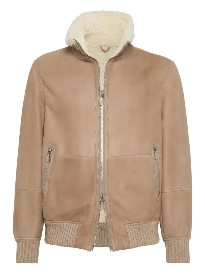 BRUNELLO CUCINELLI - Bomber en peau de mouton Curly suédée avec col en maille de cachemire