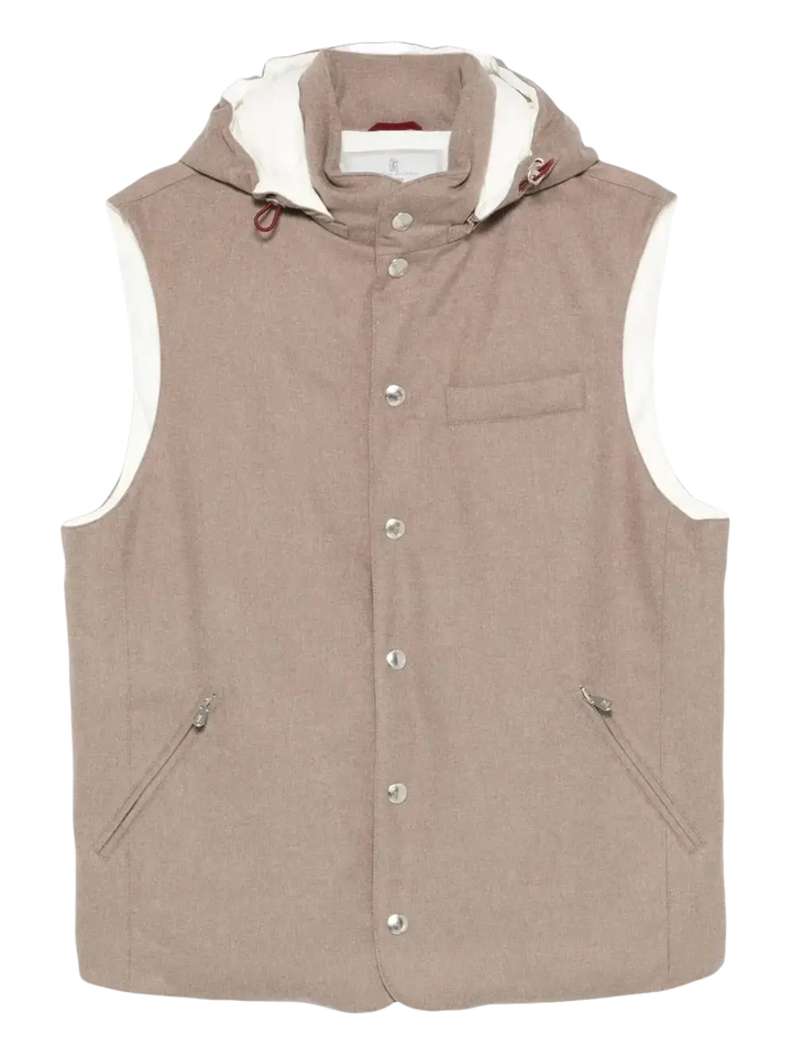 BRUNELLO CUCINELLI - Doudoune sans manches en flanelle de laine membranée à capuche détachable BEIGE