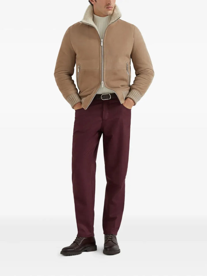 BRUNELLO CUCINELLI - Bomber en peau de mouton Curly suédée avec col en maille de cachemire