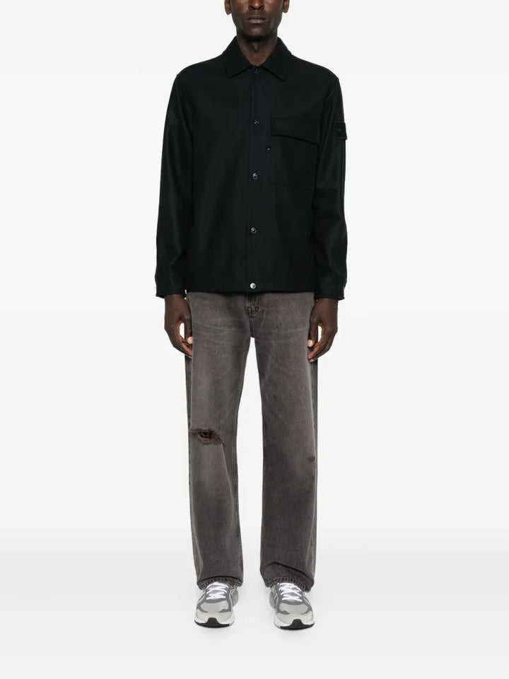 STONE ISLAND - T-shirt en Laine à Poche Poitrine Bleu Foncé
