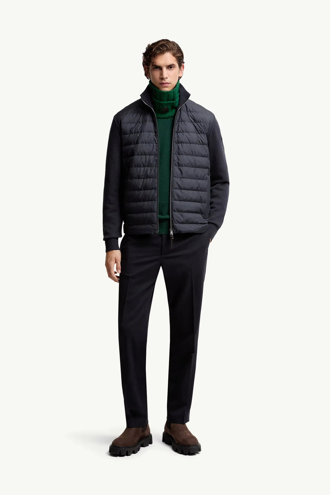 MONCLER - Cardigan zippé matelassé en laine et cachemire bleu