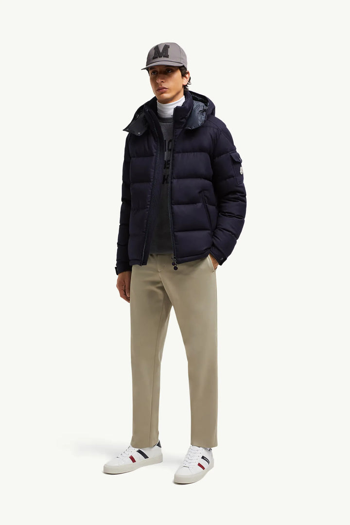 MONCLER - Doudoune courte à capuche en flanelle de laine Montgenevre bleu