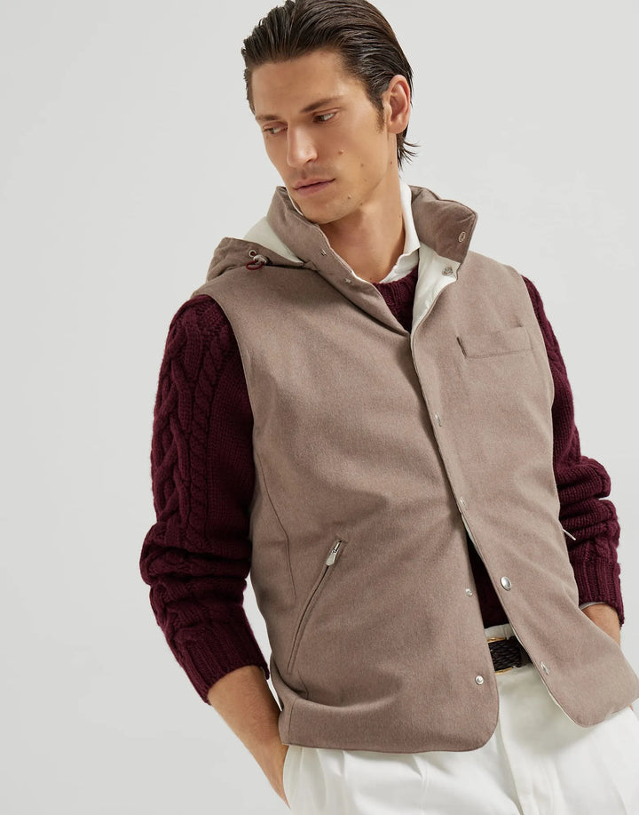BRUNELLO CUCINELLI - Doudoune sans manches en flanelle de laine membranée à capuche détachable BEIGE