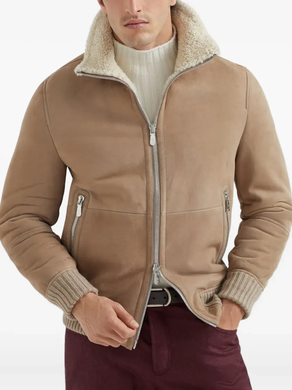 BRUNELLO CUCINELLI - Bomber en peau de mouton Curly suédée avec col en maille de cachemire