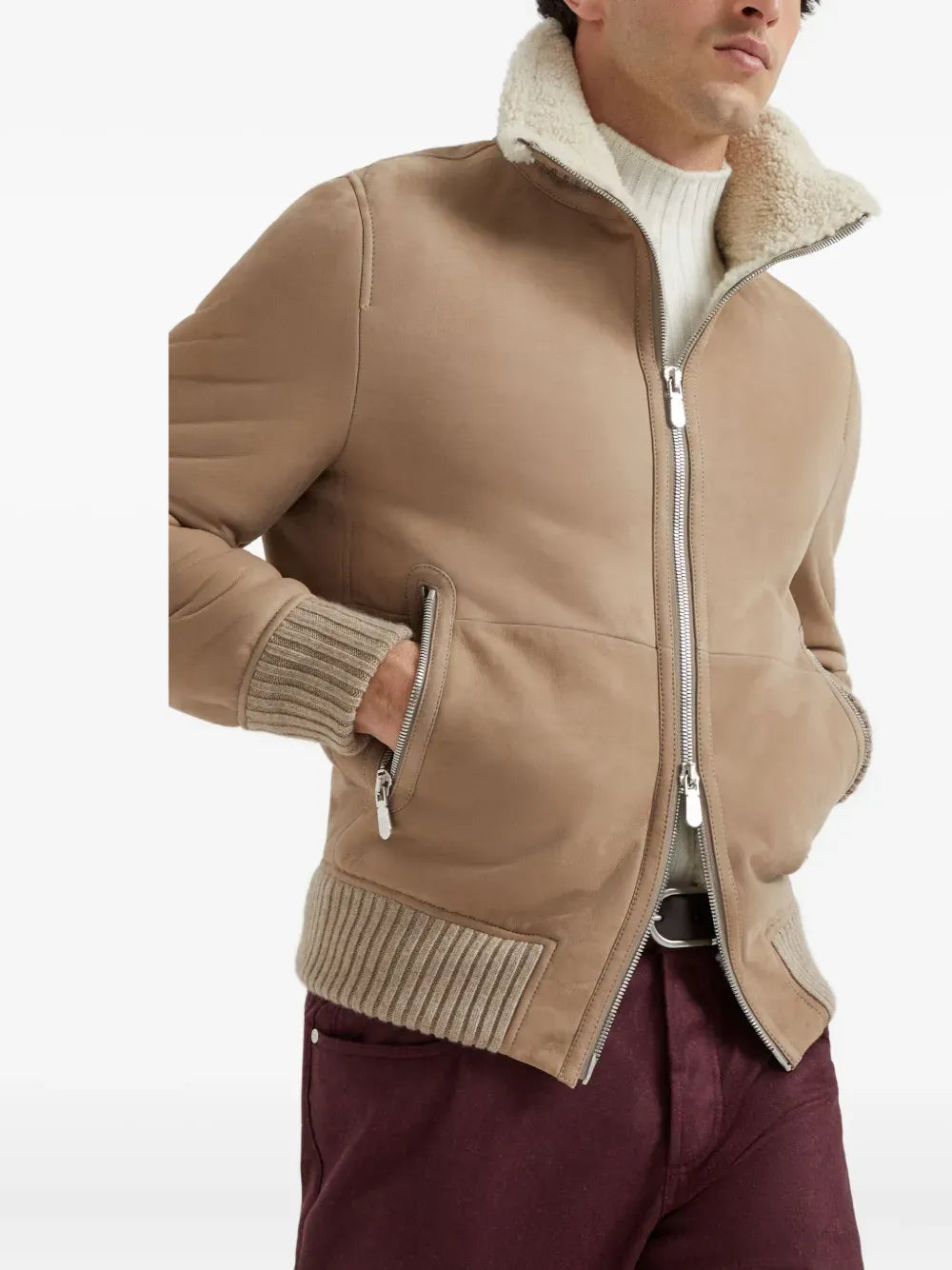 BRUNELLO CUCINELLI - Bomber en peau de mouton Curly suédée avec col en maille de cachemire