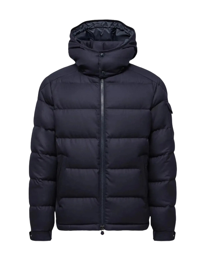 MONCLER - Doudoune courte à capuche en flanelle de laine Montgenevre bleu