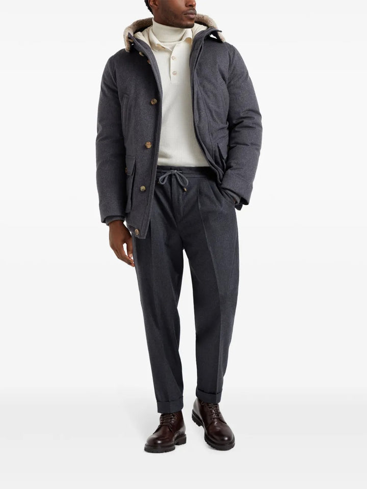 BRUNELLO CUCINELLI - Pantalon en Flanelle de Laine Vierge à Double Pinces Gris