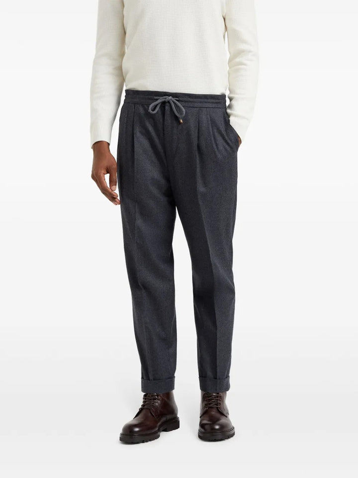 BRUNELLO CUCINELLI - Pantalon en Flanelle de Laine Vierge à Double Pinces Gris