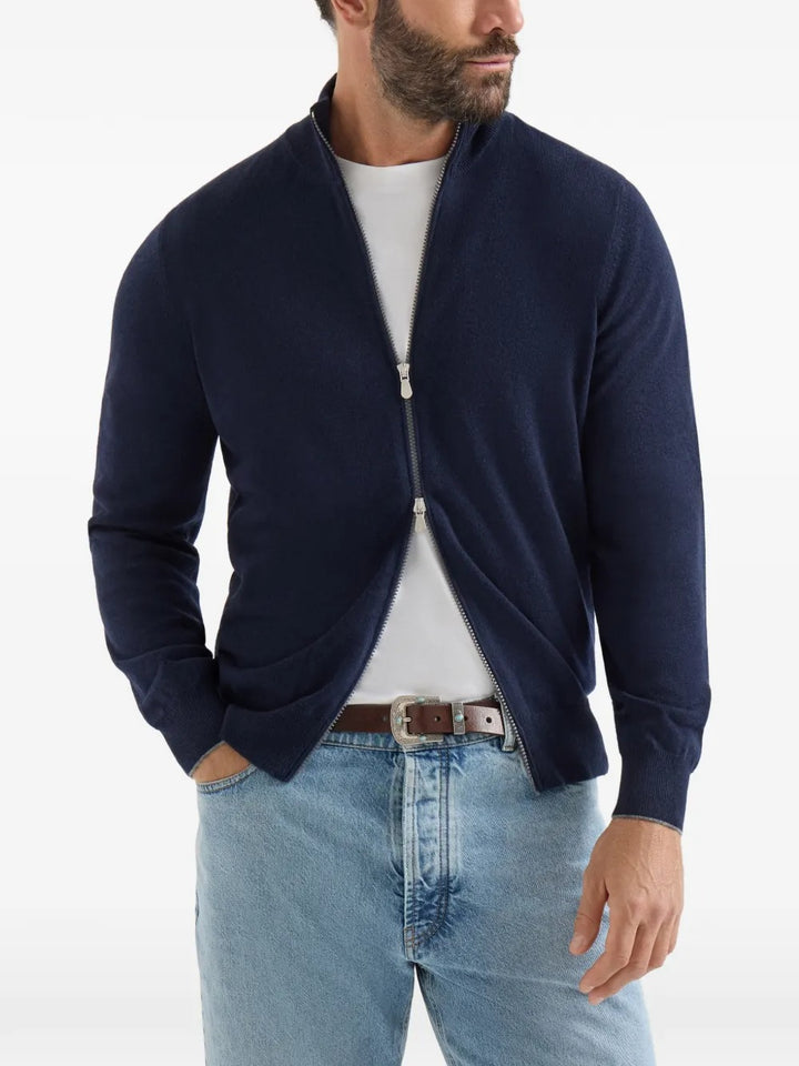 BRUNELLO CUCINELLI - Cardigan Col Montant en Cachemire Bleu Marine