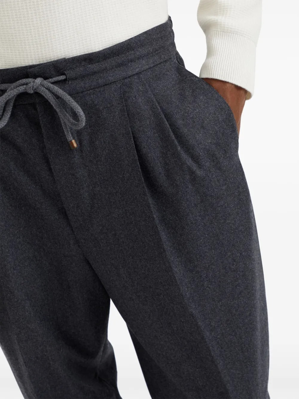 BRUNELLO CUCINELLI - Pantalon en Flanelle de Laine Vierge à Double Pinces Gris