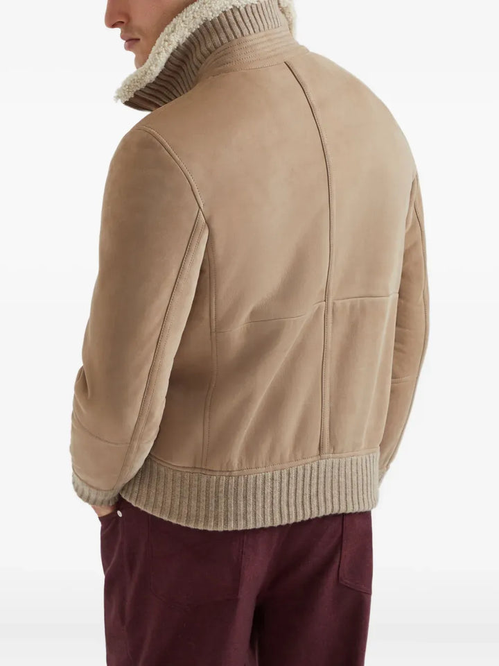 BRUNELLO CUCINELLI - Bomber en peau de mouton Curly suédée avec col en maille de cachemire