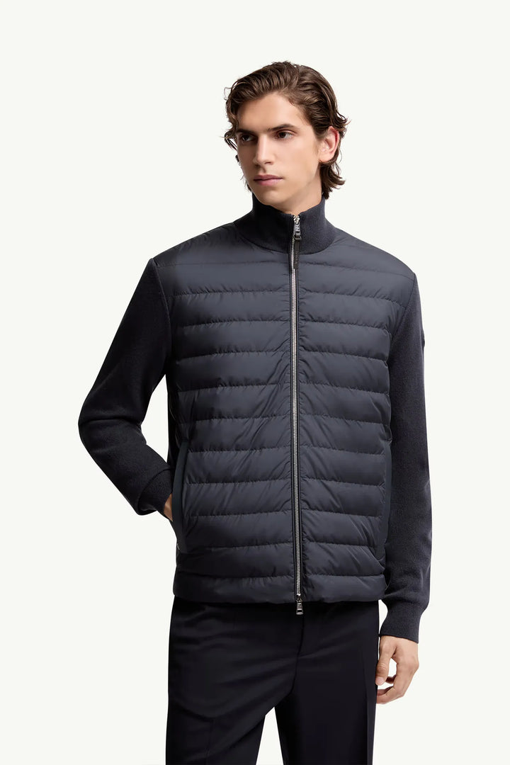 MONCLER - Cardigan zippé matelassé en laine et cachemire bleu