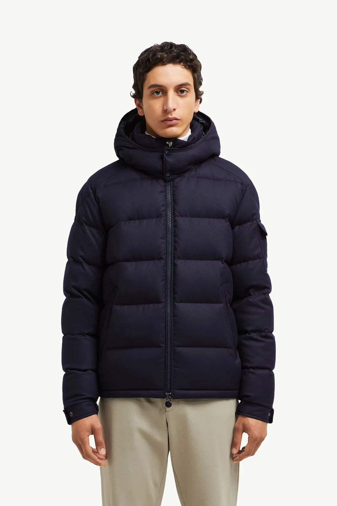 MONCLER - Doudoune courte à capuche en flanelle de laine Montgenevre bleu