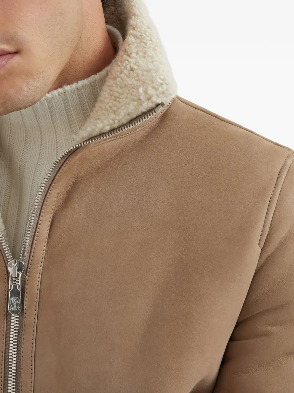 BRUNELLO CUCINELLI - Bomber en peau de mouton Curly suédée avec col en maille de cachemire