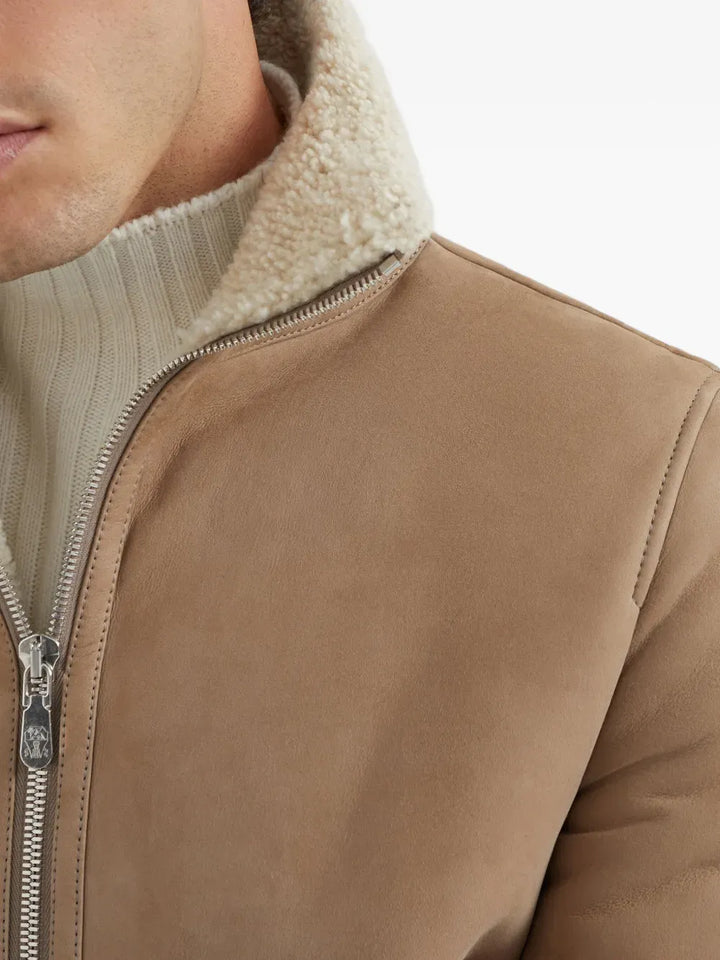 BRUNELLO CUCINELLI - Bomber en peau de mouton Curly suédée avec col en maille de cachemire