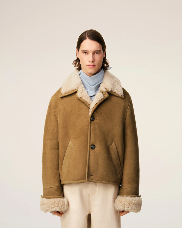 AMI PARIS - Veste Marron Boutonnée en Shearling Camel