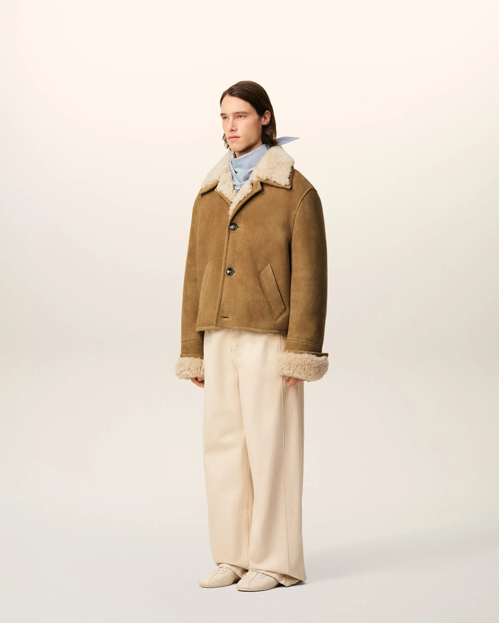 AMI PARIS - Veste Marron Boutonnée en Shearling Camel
