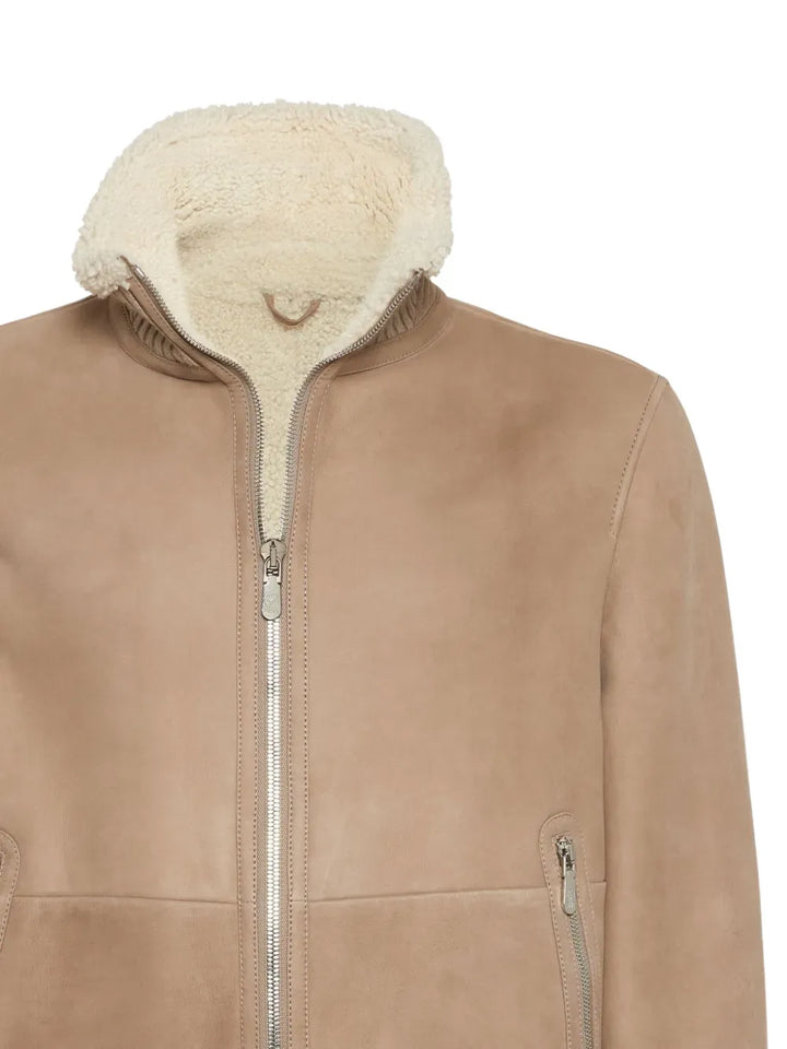 BRUNELLO CUCINELLI - Bomber en peau de mouton Curly suédée avec col en maille de cachemire