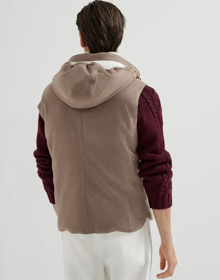 BRUNELLO CUCINELLI - Doudoune sans manches en flanelle de laine membranée à capuche détachable BEIGE
