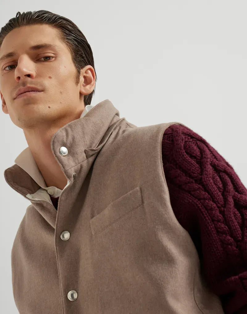BRUNELLO CUCINELLI - Doudoune sans manches en flanelle de laine membranée à capuche détachable BEIGE