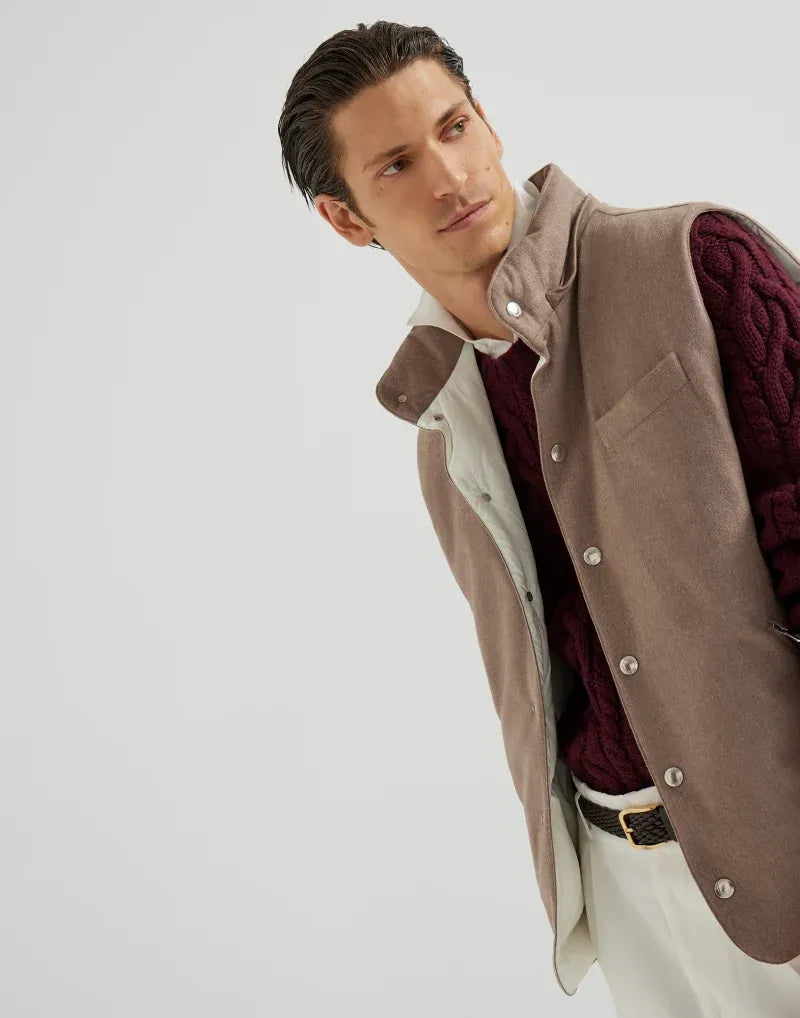 BRUNELLO CUCINELLI - Doudoune sans manches en flanelle de laine membranée à capuche détachable BEIGE