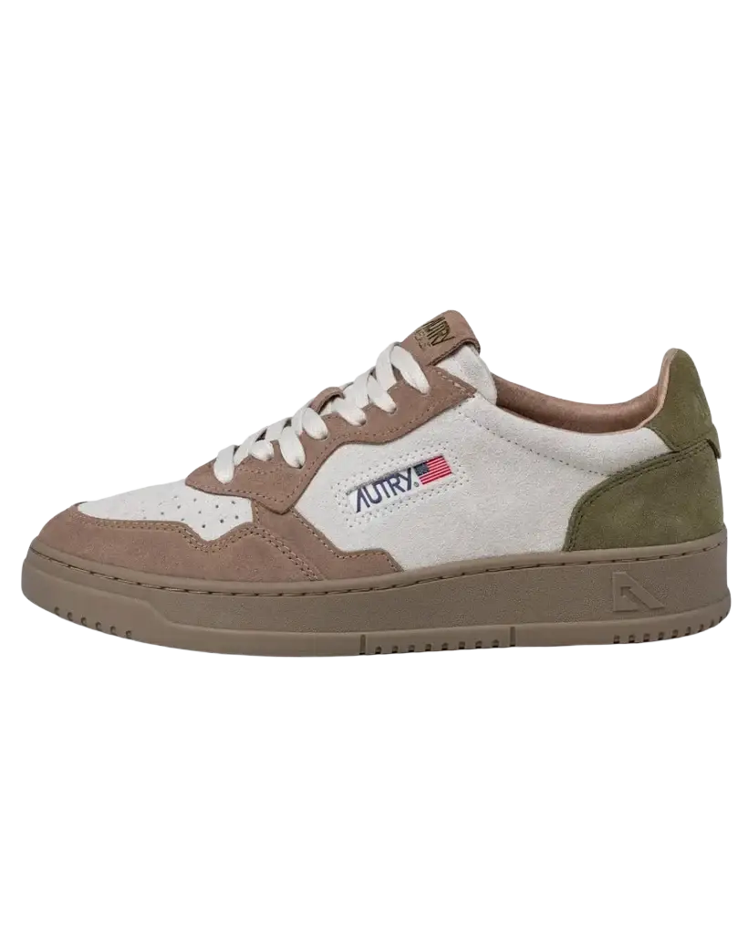 AUTRY - Baskets Medalist Low Tricolor en daim Blanc sable / Vert gris