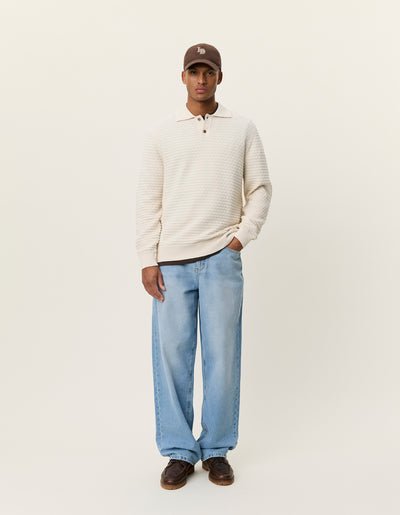 LES DEUX - Billy Weave Knitted LS Polo Blanc ivoire - Lothaire